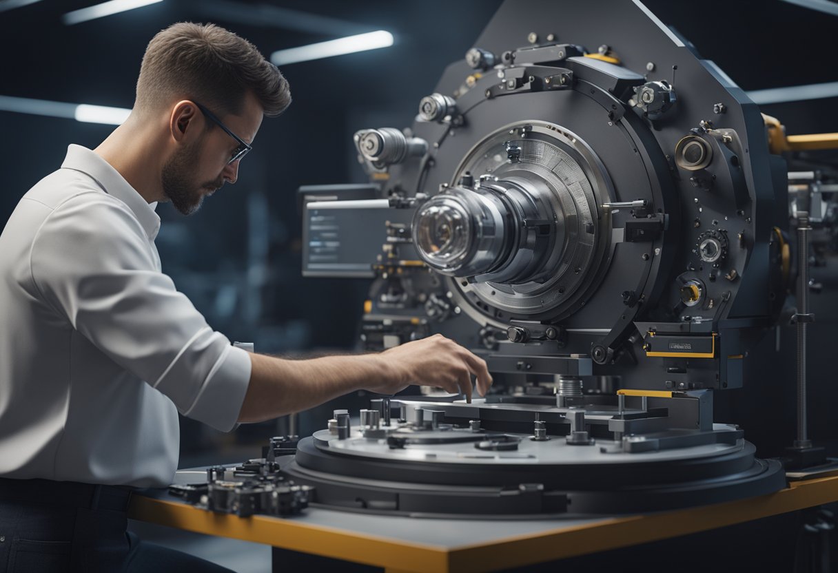 A technician operates an optical comparator, measuring and inspecting small mechanical parts with precision