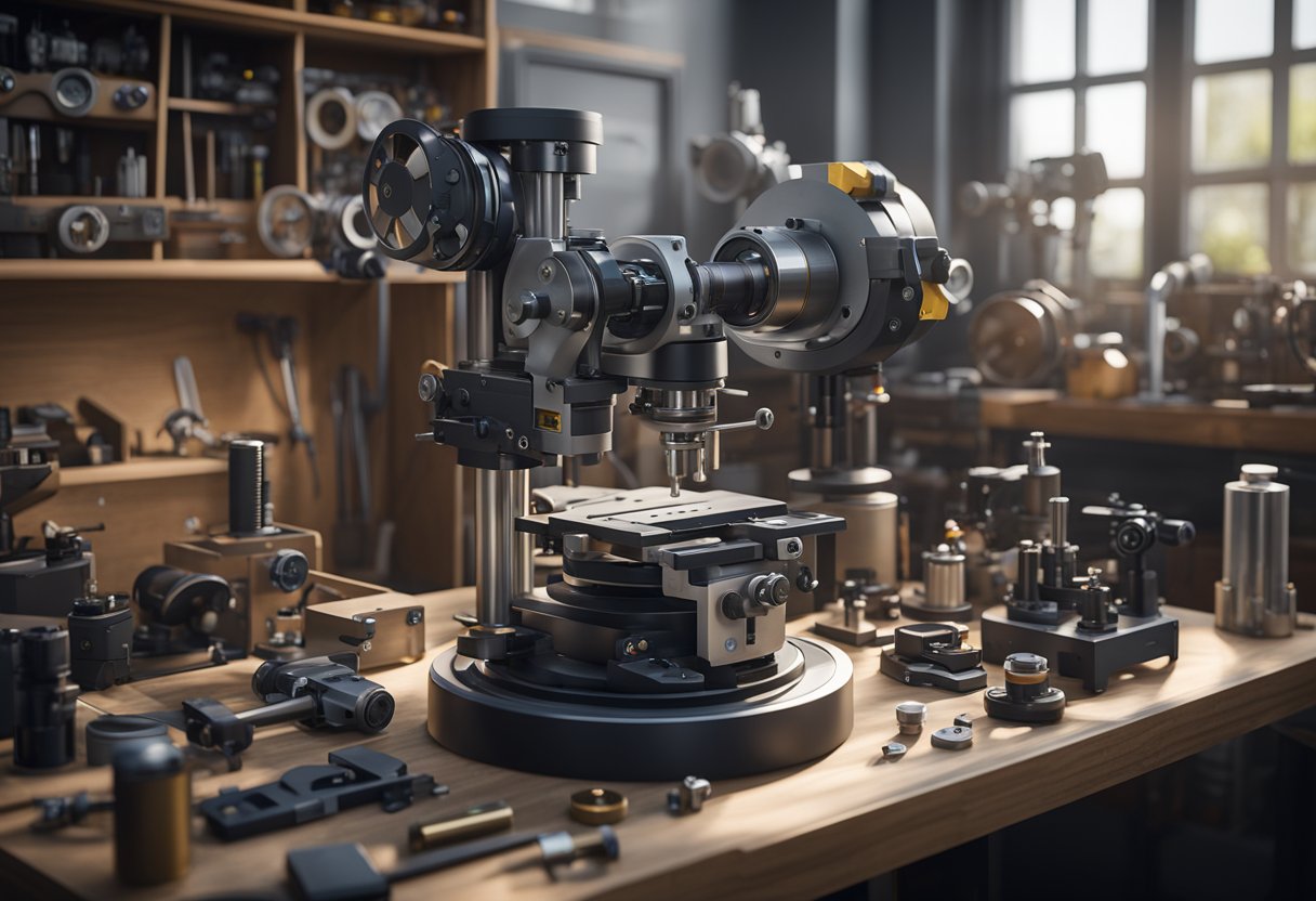 An optical comparator with various accessories sits on a workbench, surrounded by measuring tools and precision instruments