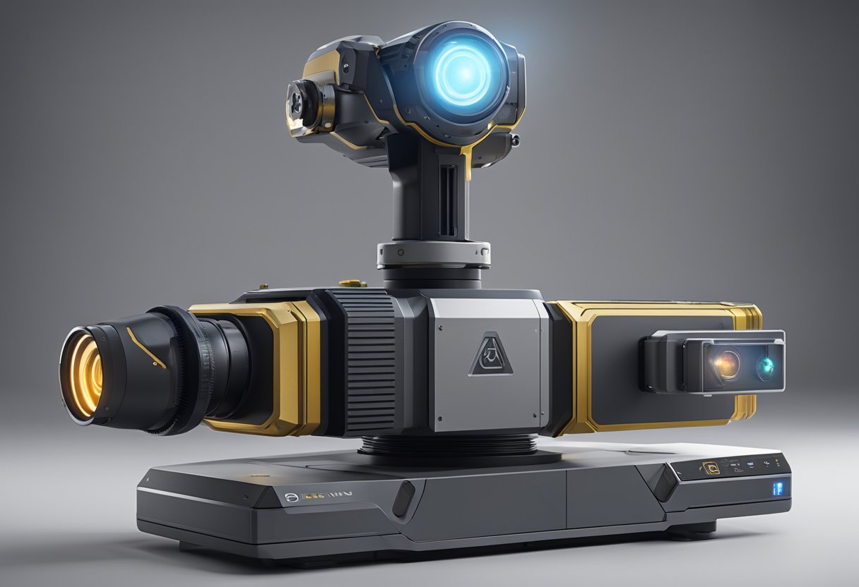 A laser tracker sits on a sturdy base, with a rotating head and adjustable arm. The device is surrounded by various components and design tools