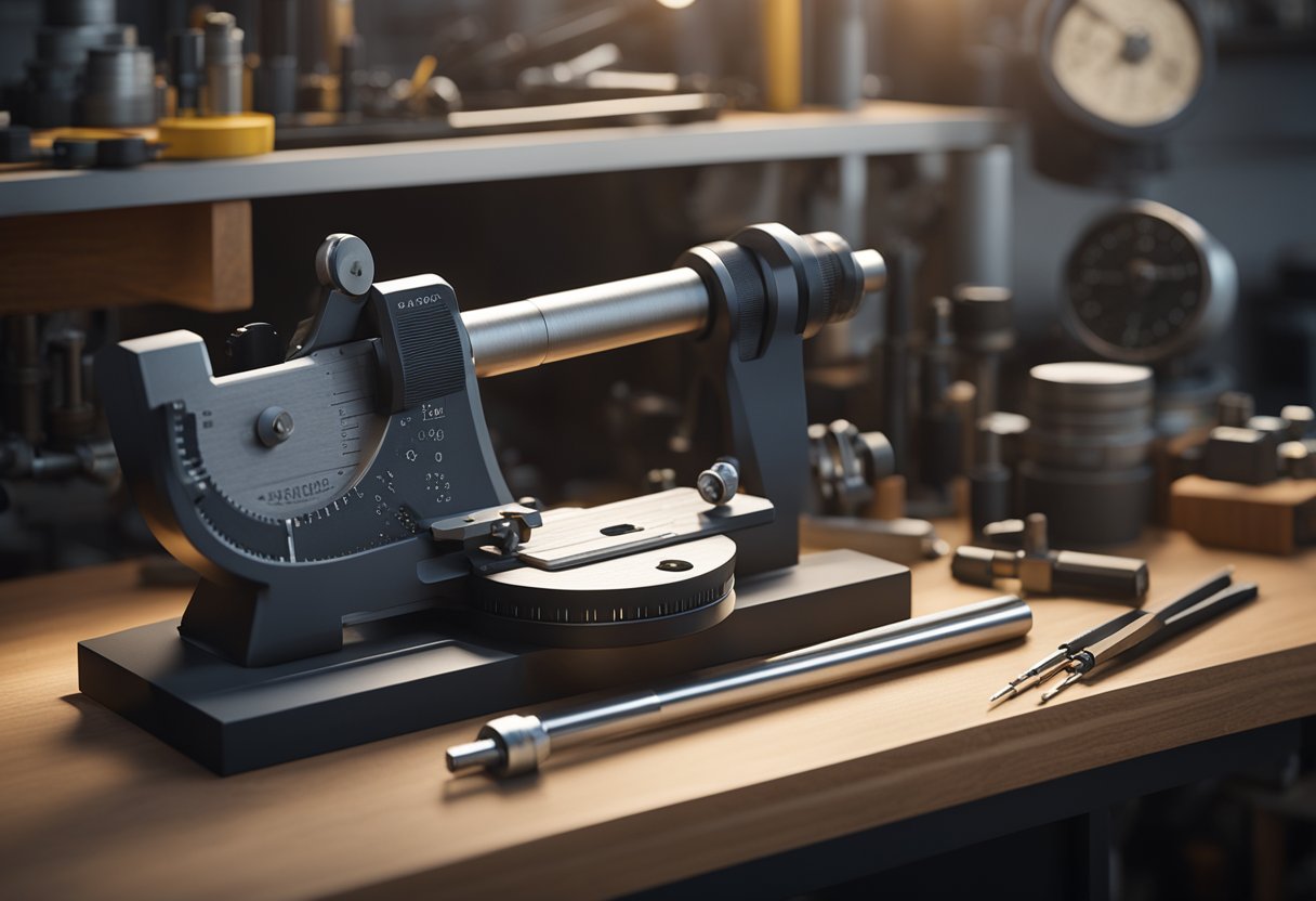 A micrometer resting on a clean, well-lit workbench, surrounded by precision instruments and tools