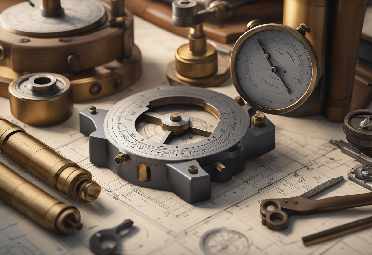 A vintage micrometer surrounded by historical measuring tools and technical drawings