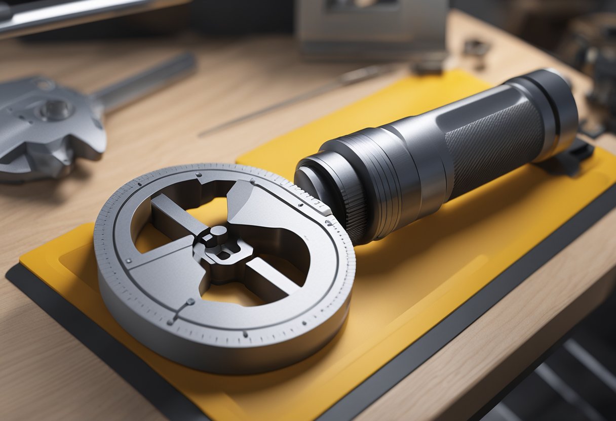 A hand-held micrometer is being used to measure the dimensions of a small metallic part on a clean, well-lit workbench