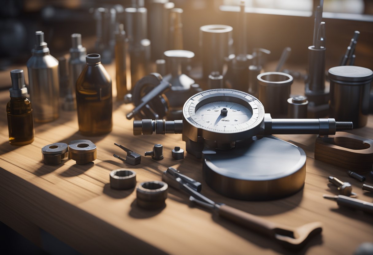 A micrometer being cleaned and oiled on a workbench with various tools and measuring instruments in the background