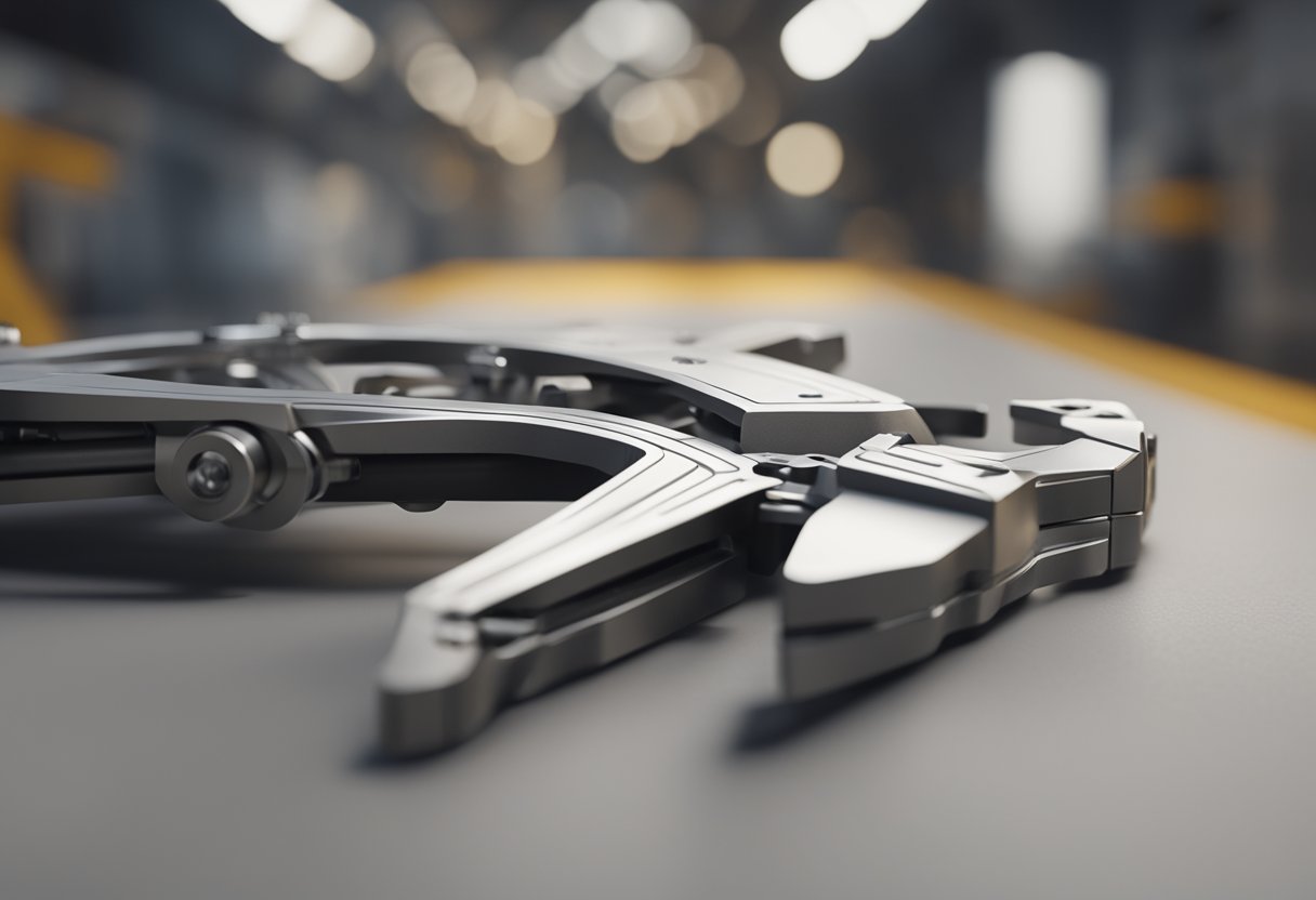 A close-up view of a caliper with its measuring arms extended and pointed towards an object. The background is a neutral surface with minimal distractions