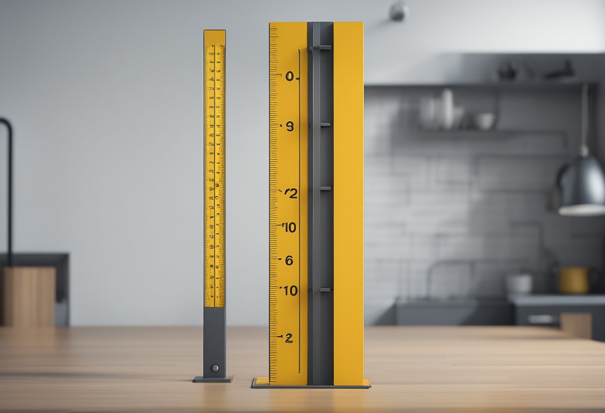 A height gauge measures the vertical distance of an object. The gauge consists of a ruler-like scale and a sliding head that can be locked in place