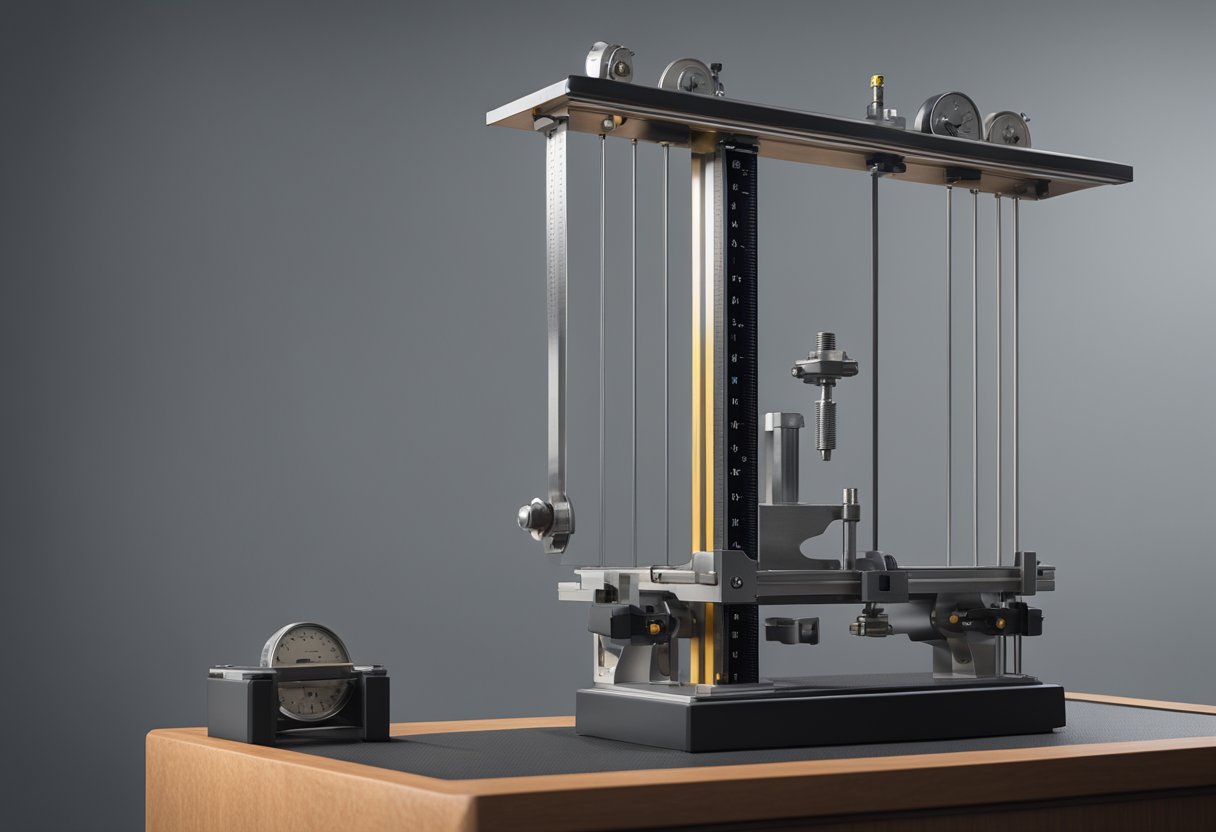 A height gauge with a main body, measuring scale, sliding carriage, and fine adjustment knob, all mounted on a sturdy base