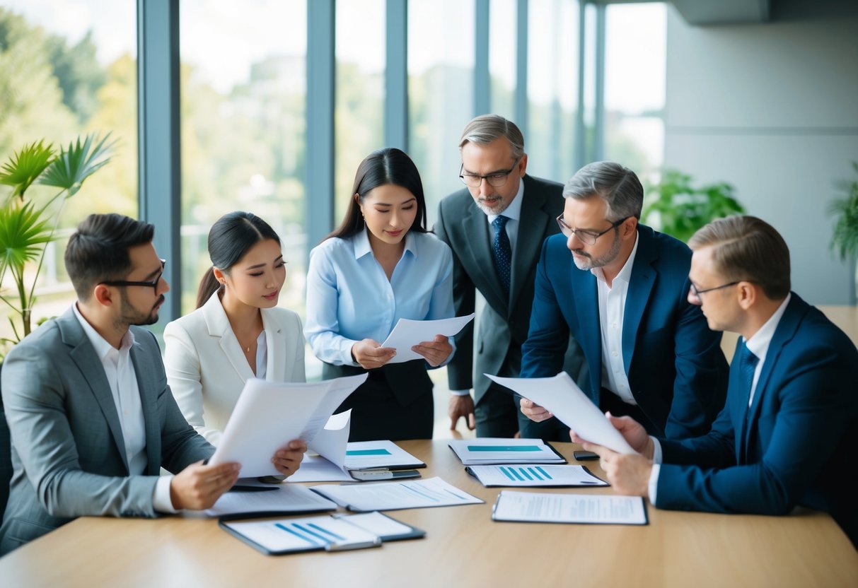 A group of people reviewing documents and discussing procurement procedures for public contracts related to the supply of plants and vegetation