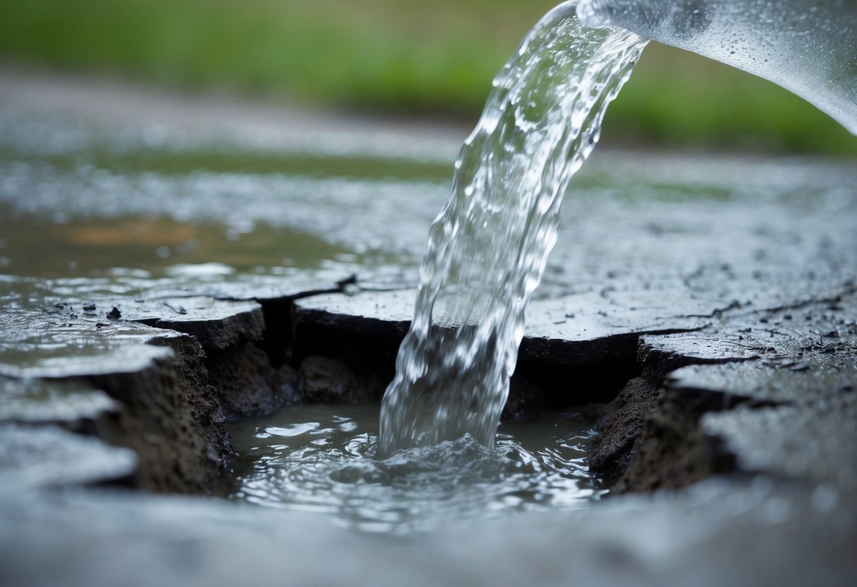 Water gushes from a crack in the ground, creating a small pool and muddy surroundings