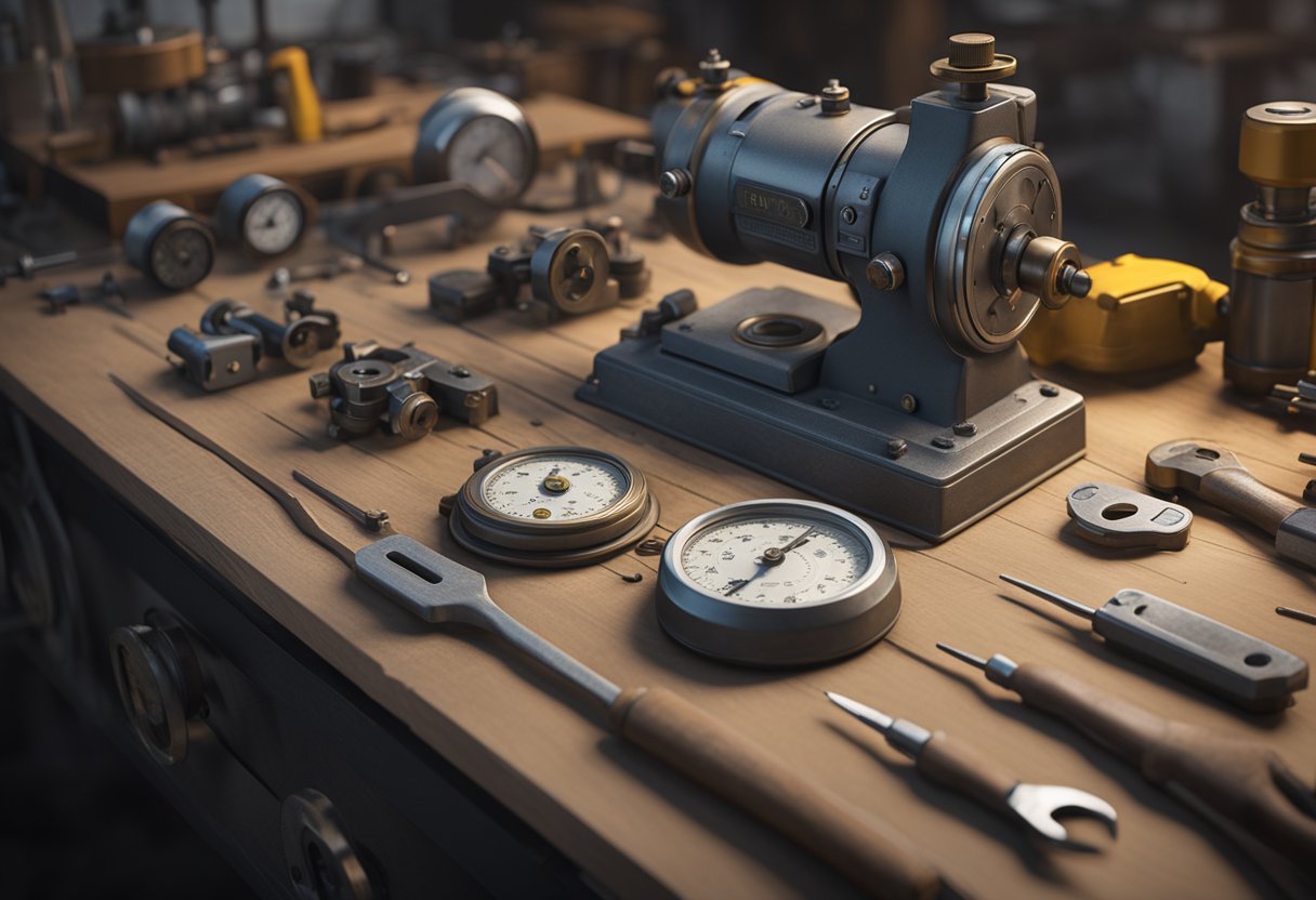 A workbench with various mechanical tools and a vintage dial indicator