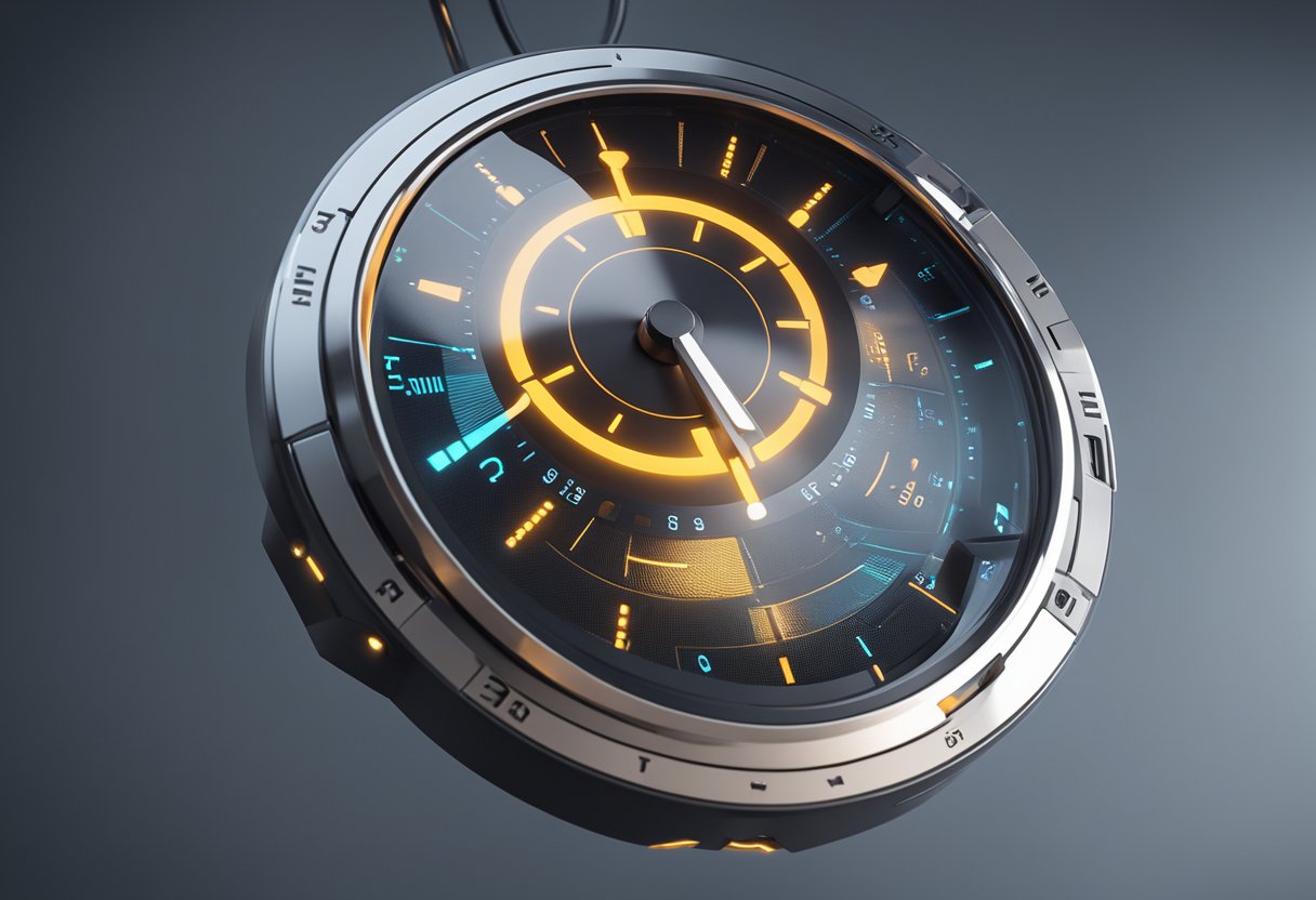 A futuristic dial indicator with glowing lights and sleek, metallic surfaces, set against a backdrop of advanced technology and innovation