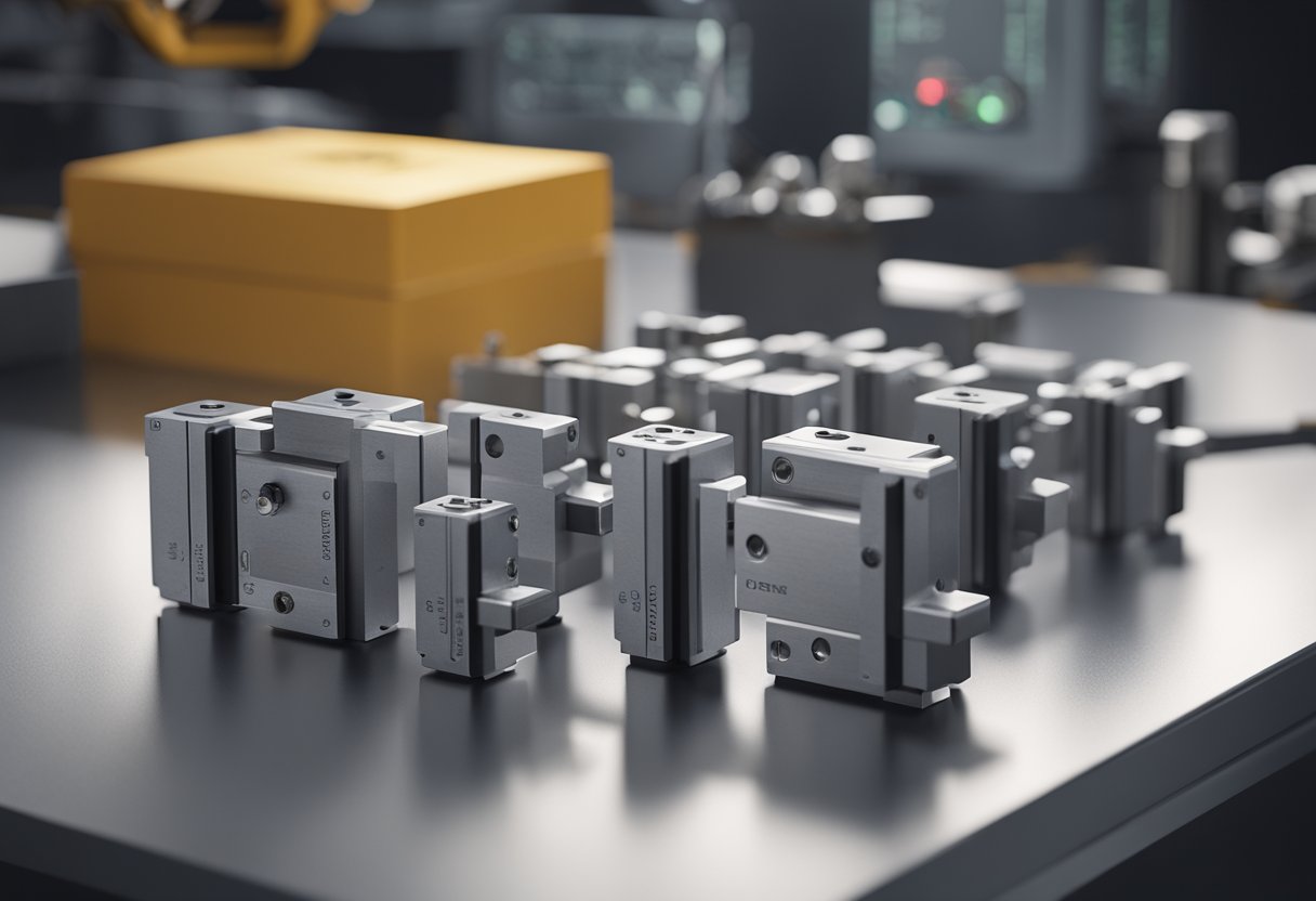 Precision gage blocks arranged in a neat stack, with various sizes and markings visible. A micrometer and caliper sit nearby, indicating precision measurement