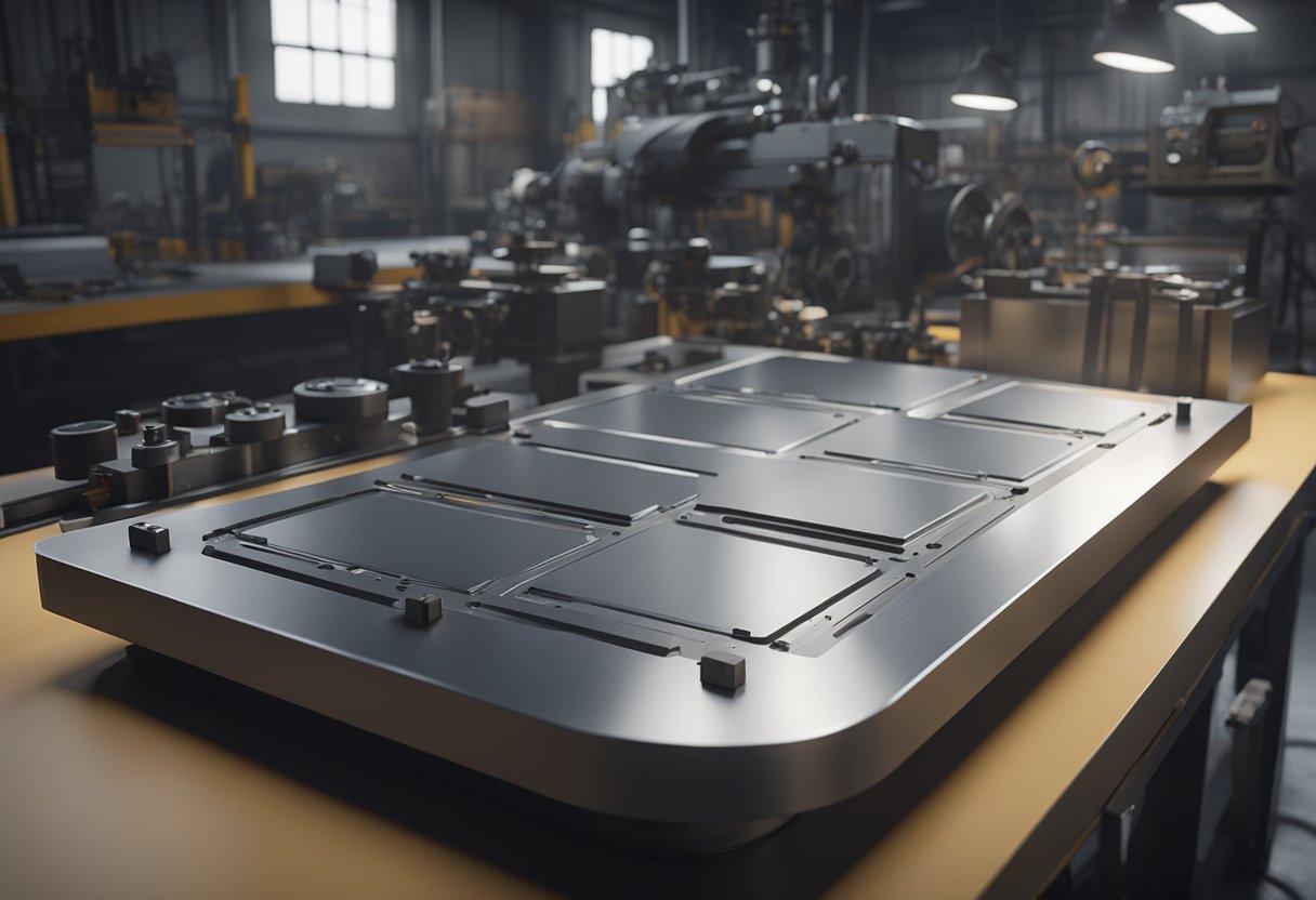 A surface plate sits in a workshop, surrounded by precision tools and machinery. Its smooth, reflective surface bears the marks of years of use and wear, a testament to its role in ensuring accuracy in manufacturing