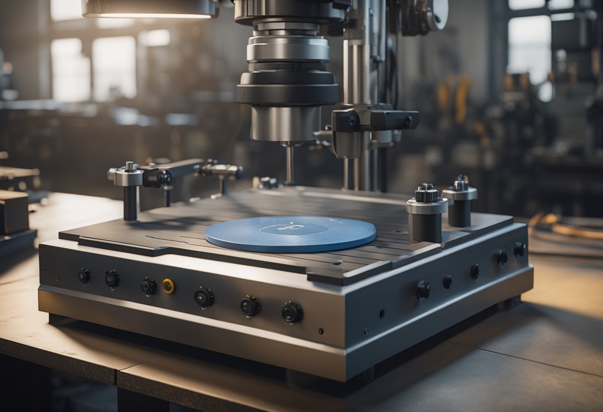 A precision surface plate sits on a sturdy stand in a well-lit workshop, with precision measurement tools and gauges arranged neatly nearby