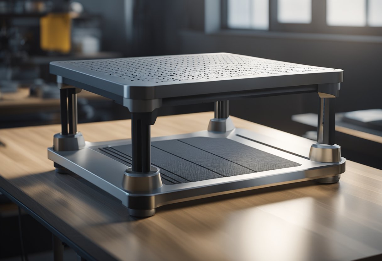 A precision-engineered surface plate stands on a clean, well-lit workbench, with precise measurements and markings etched into its smooth, reflective surface