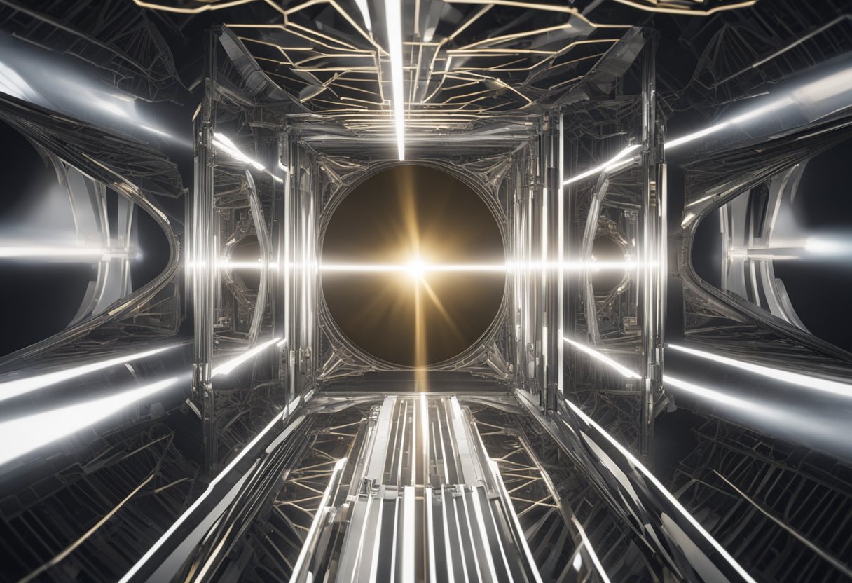 A laser beam splits and reflects off mirrors in an interferometer setup, creating an intricate pattern of light and shadows