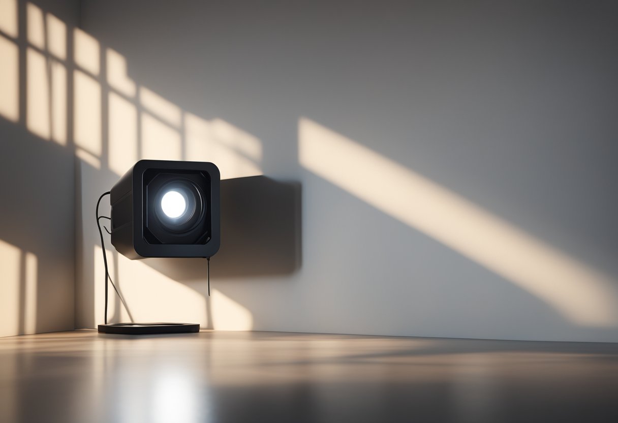 A profile projector casting a sharp shadow on a blank wall. The light source is positioned at an angle, creating a distinct silhouette