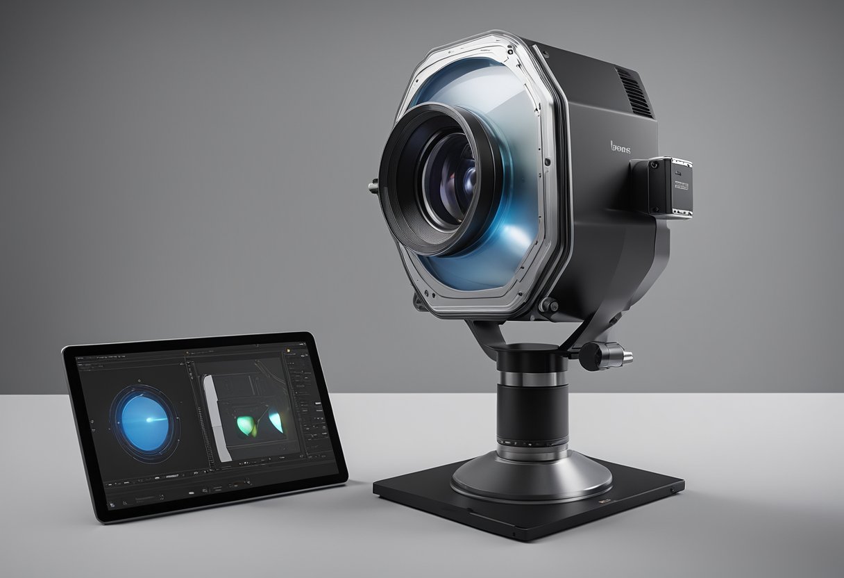 A profile projector sits on a sturdy base, with a large lens and adjustable stage. A precision measuring tool, it casts a shadow of the object onto a screen for accurate measurements