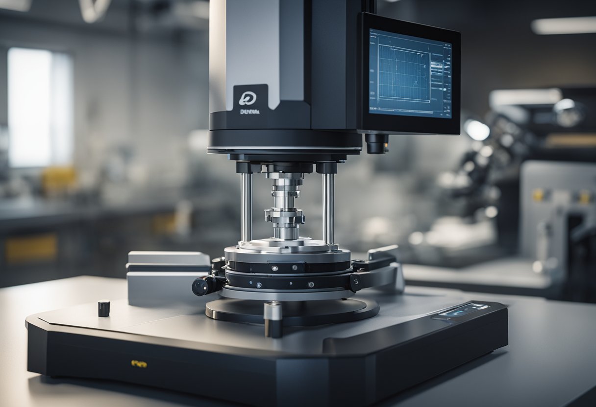 A precision optical profiler measures a small, intricate object with high resolution and accuracy. The device is placed on a stable surface in a well-lit laboratory setting