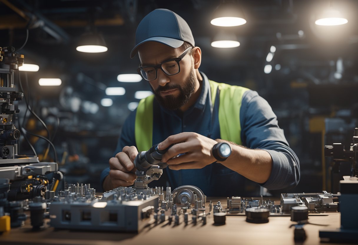 A technician adjusts the optical profiler, examining the intricate components with a flashlight. Tools and spare parts are neatly organized on the workbench