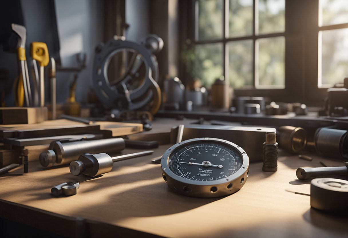 A metal angle gauge sits on a workbench, surrounded by various tools and materials. The light from a nearby window casts shadows across its surface