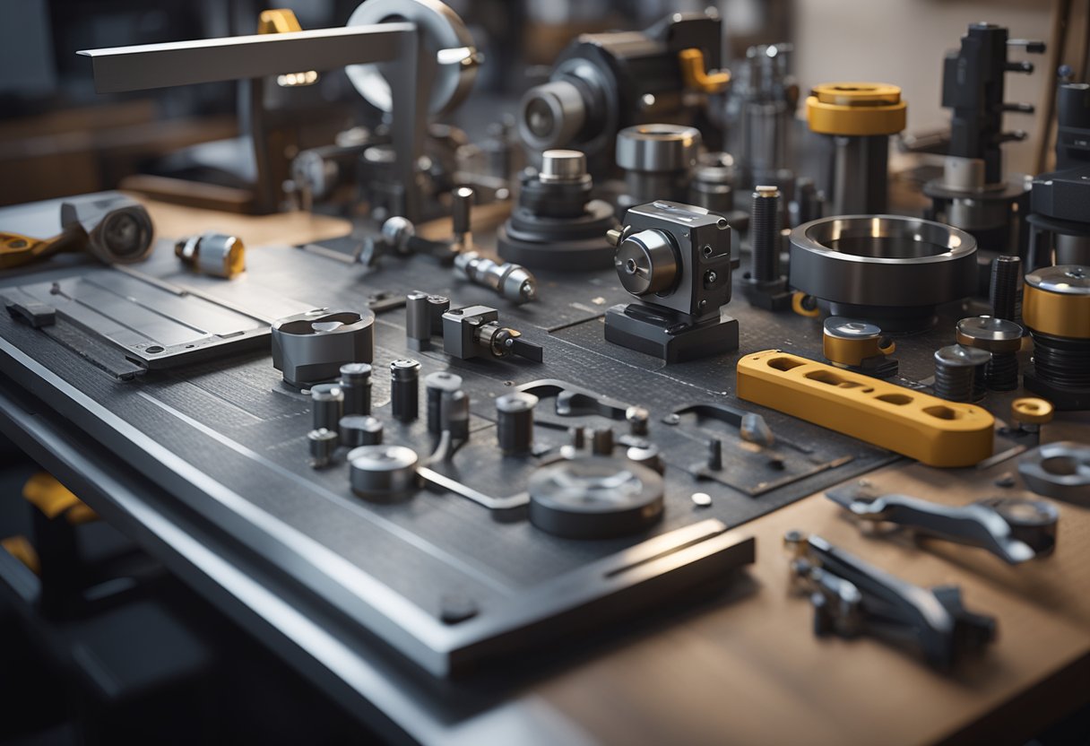 A metal angle gauge sits on a workbench, surrounded by various components and design tools. The gauge is positioned at a 45-degree angle