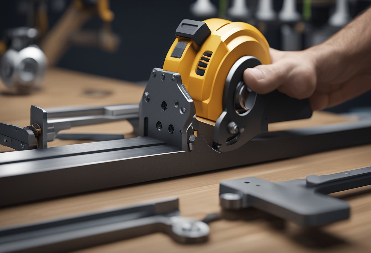 An angle gauge is being selected from a row of various tools on a workbench. The hand reaches out to grab the specific tool