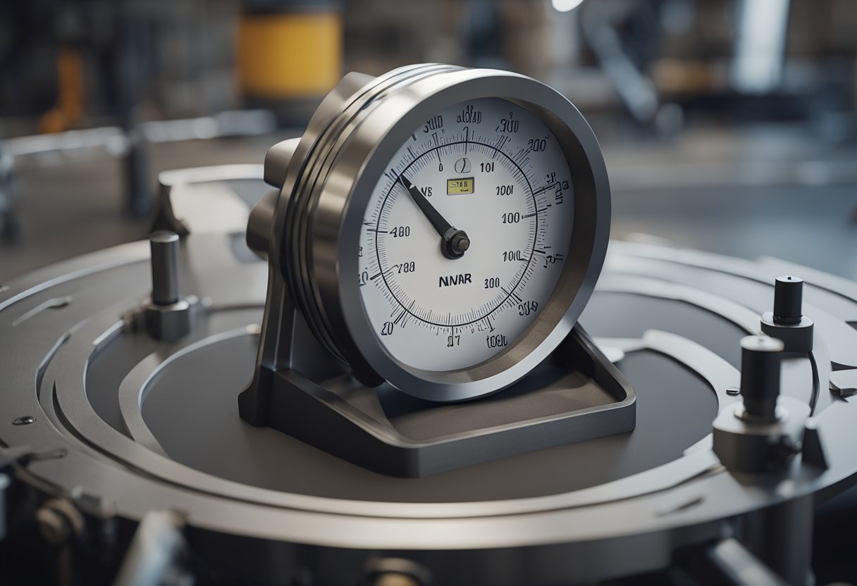 A bore gauge measuring the diameter of a cylindrical object in a workshop setting. The gauge is being used by a technician to ensure accurate measurements