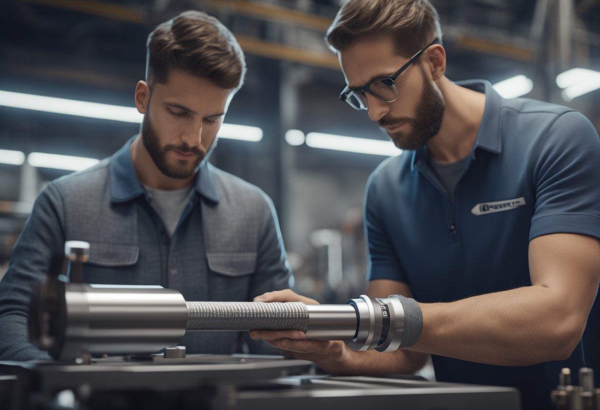 A precision bore gauge measures the inner diameter of a metal cylinder. An engineer carefully uses the tool to ensure accurate measurements in a high-tech workshop