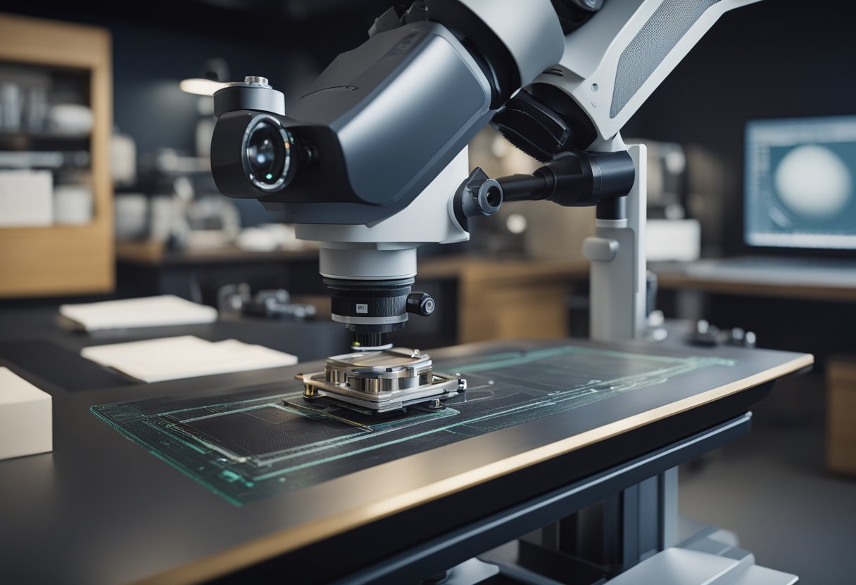 A laser scanning microscope with intricate details and a specimen slide under intense magnification