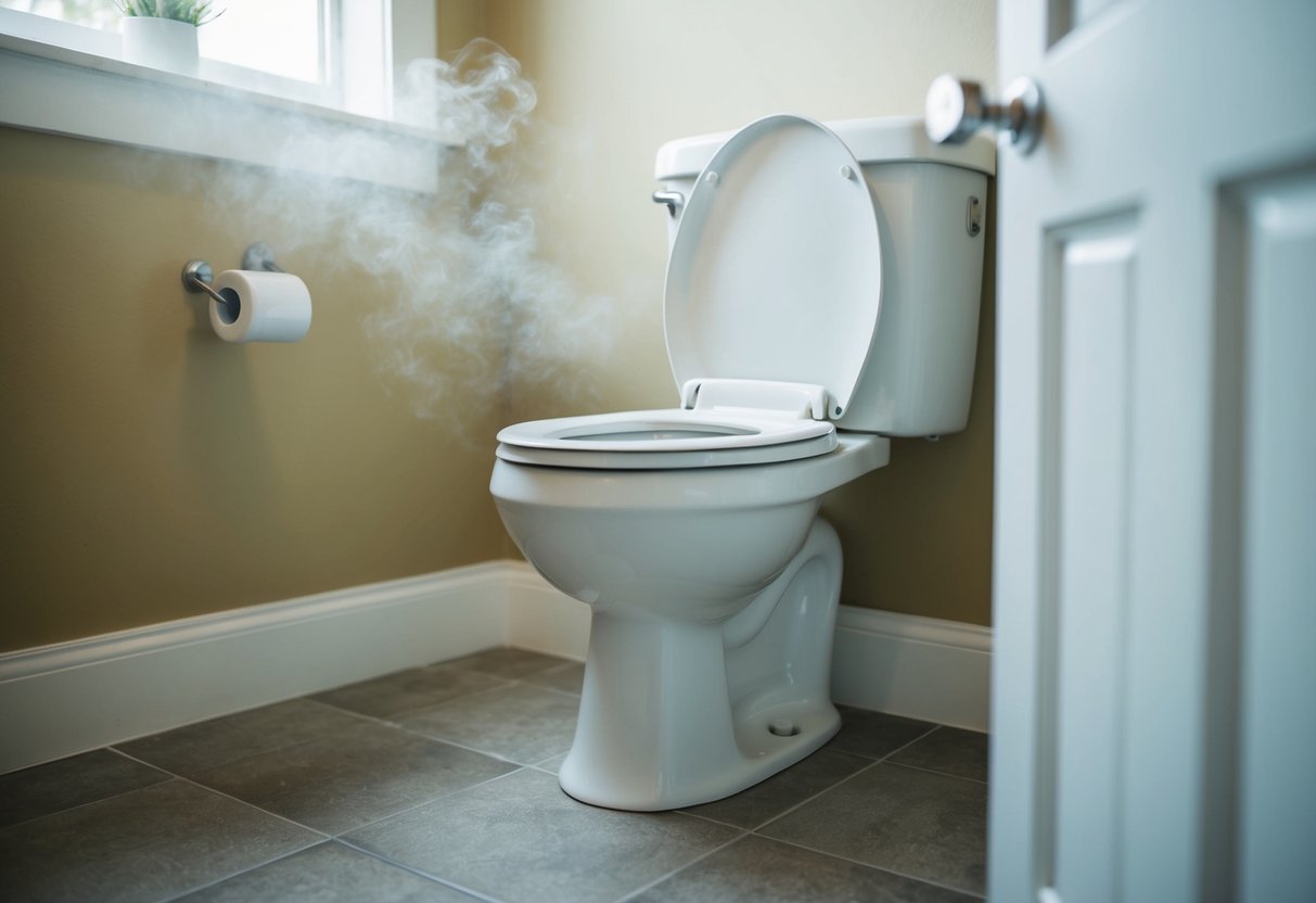 A toilet emits a foul odor. The air is thick with the stench, causing discomfort