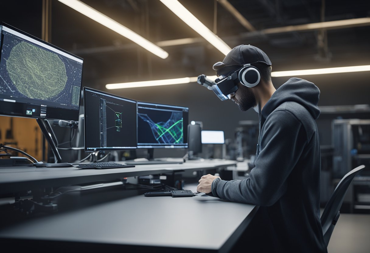 A technician adjusts the focus of a laser scanning microscope while troubleshooting operational challenges. Nearby, a computer screen displays data analysis and potential solutions