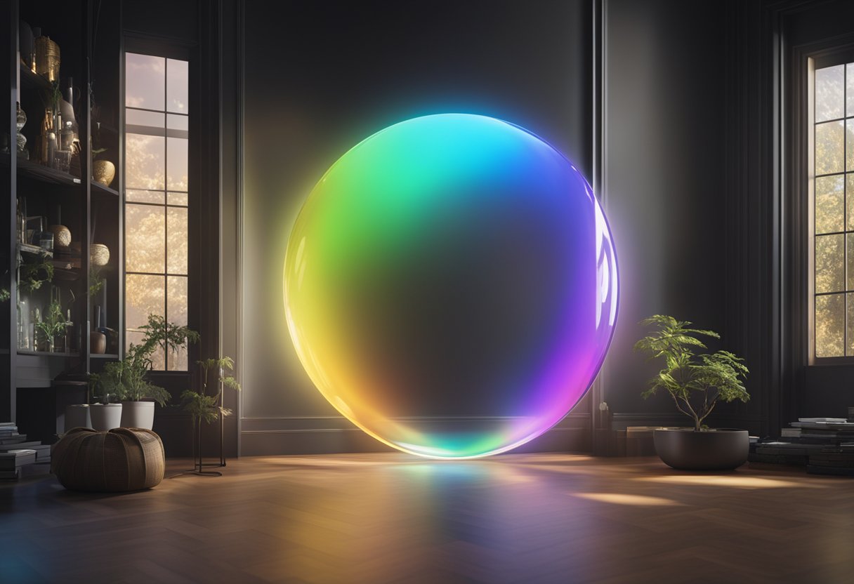 A transparent optical flat reflects a colorful spectrum of light, set against a dark background