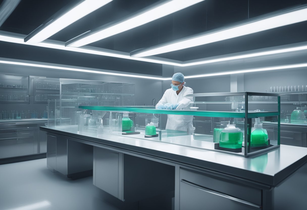 A technician carefully grinds and polishes a large, perfectly flat glass surface under bright overhead lights in a clean, sterile laboratory environment