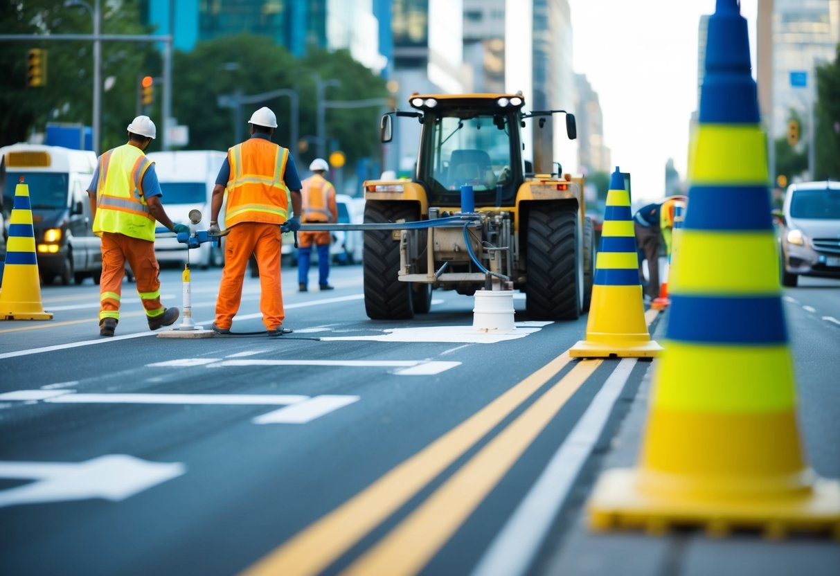 A busy street with road markings being painted. Workers and machinery are visible, along with the surrounding urban infrastructure