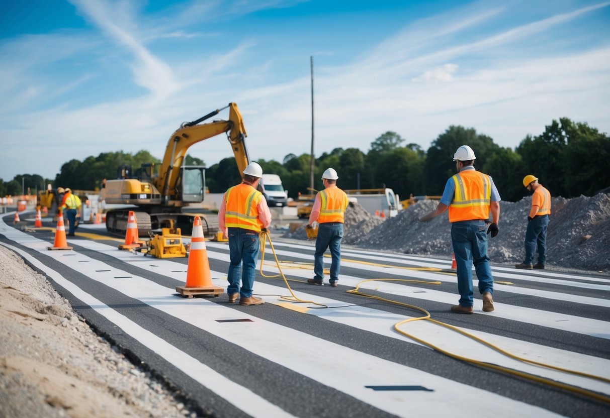 A construction site with workers, machinery, and road markings being measured and evaluated for cost management in a public works project