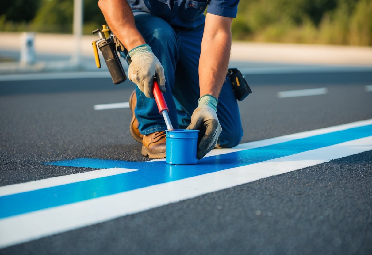 A worker using specialized tools to apply paint on a road surface for horizontal signaling