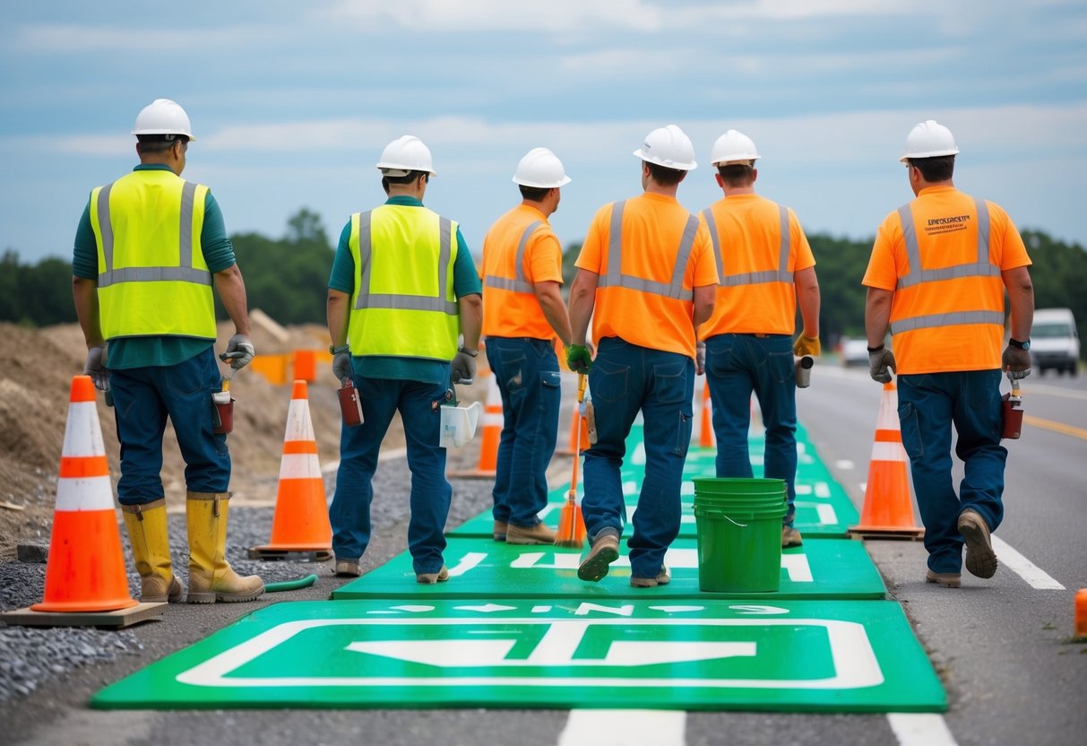 A group of workers is painting road signs and markings with environmentally friendly materials, following sustainability standards. The scene is set in a public works construction site