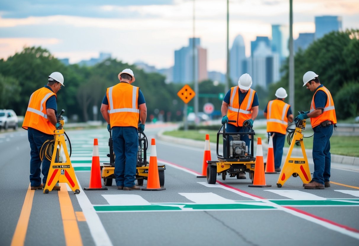 A group of workers use specialized equipment to perform road marking and signaling work in a public area