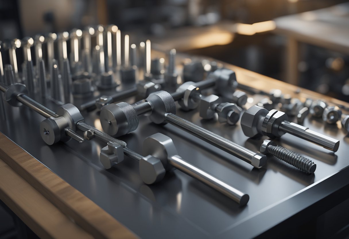 A thread gauge sits on a workbench, surrounded by various bolts and nuts. The gauge's metal surface reflects the light, while its precise measurements are ready to be used