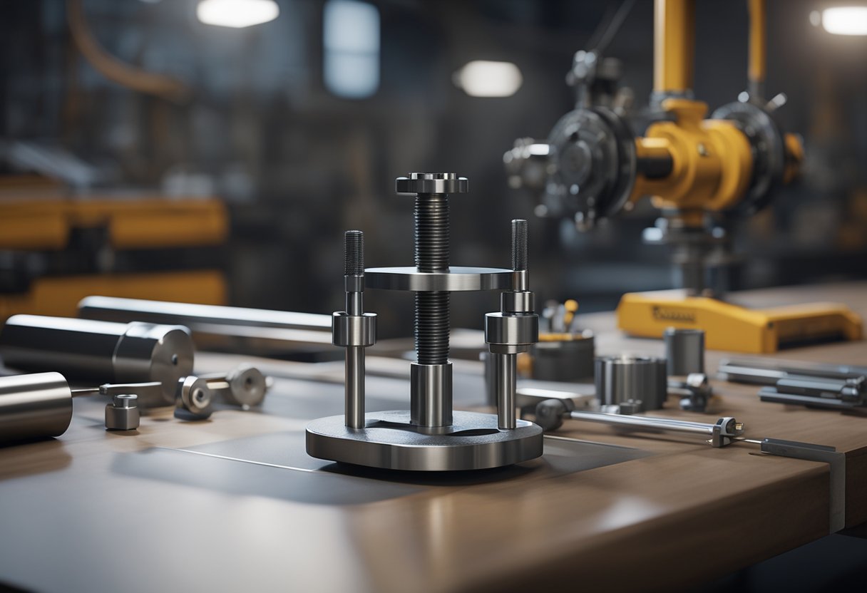 A thread gauge sits on a clean, well-lit workbench, surrounded by precision tools and machinery. The gauge's shiny metal surface reflects the surrounding environment