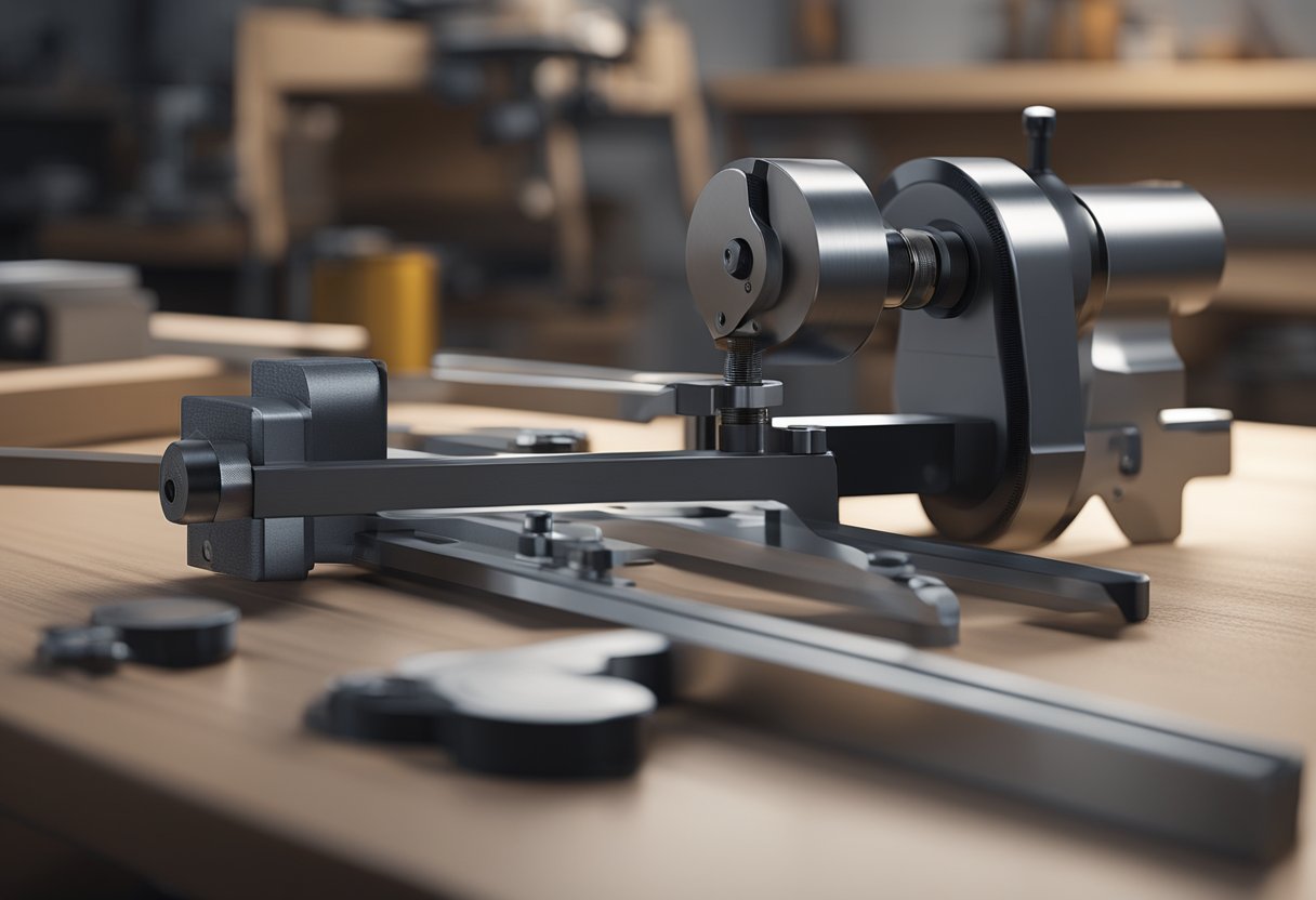 A thread gauge sits on a clean, well-lit workbench. Calipers and micrometers are neatly arranged nearby, highlighting precision measuring tools