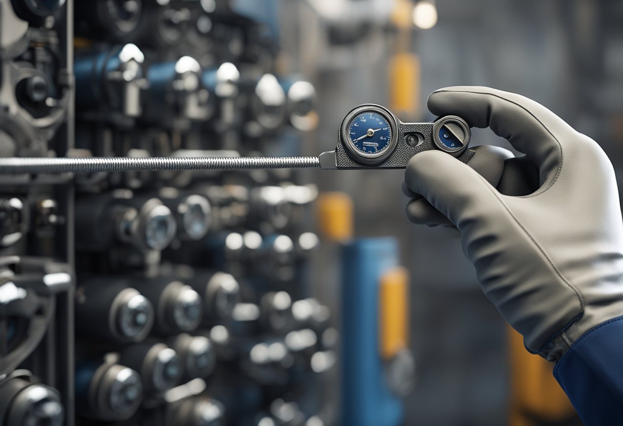 A hand holding a thread gauge against a metal surface, with safety goggles and gloves nearby