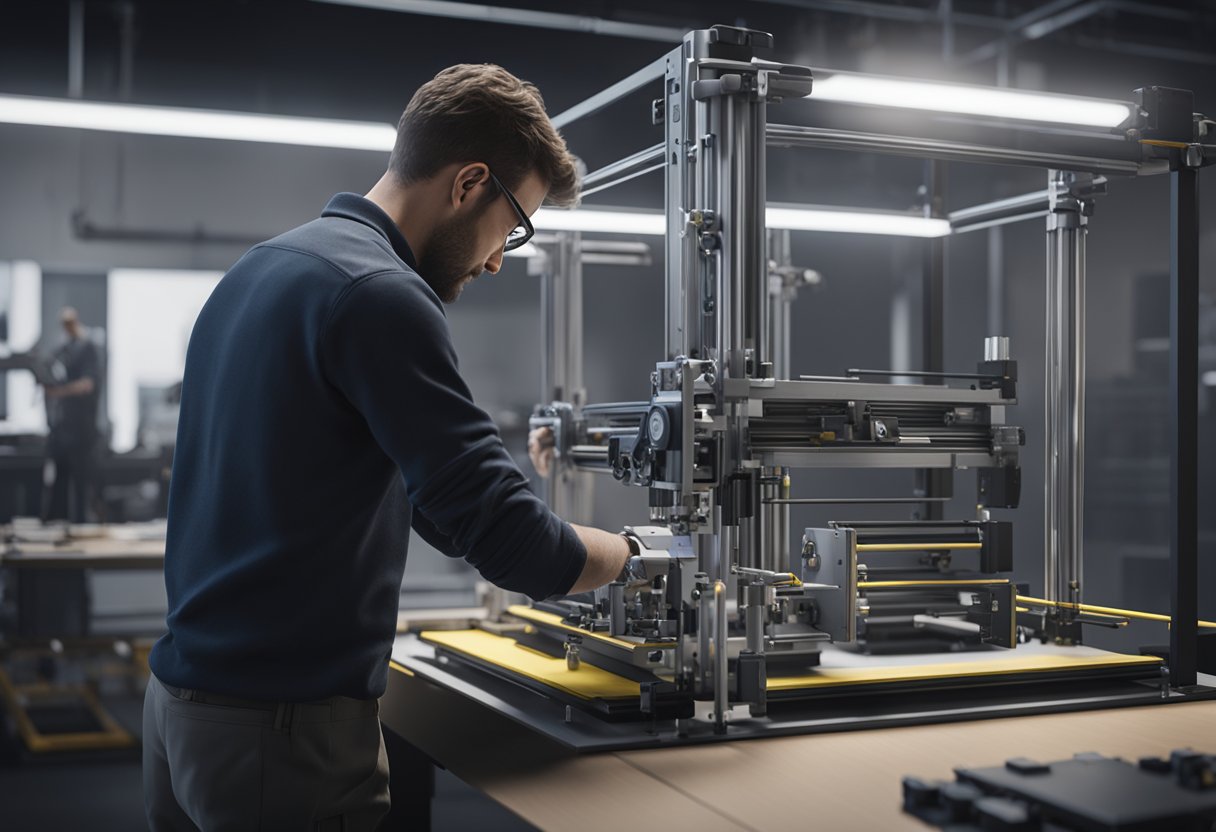 A technician operates a tensile testing machine, adjusting settings and positioning the sample for analysis. The machine's components are visible, including the grips and load cell