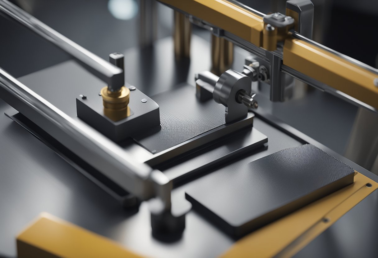 A hardness tester machine with a metal surface sample being pressed by a mechanical arm. The machine's display shows the results of the test