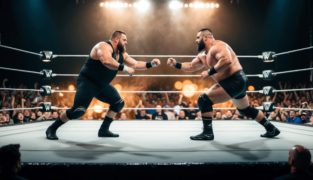 A wrestling ring with dramatic lighting, a cheering crowd, and two larger-than-life wrestlers facing off in an intense battle