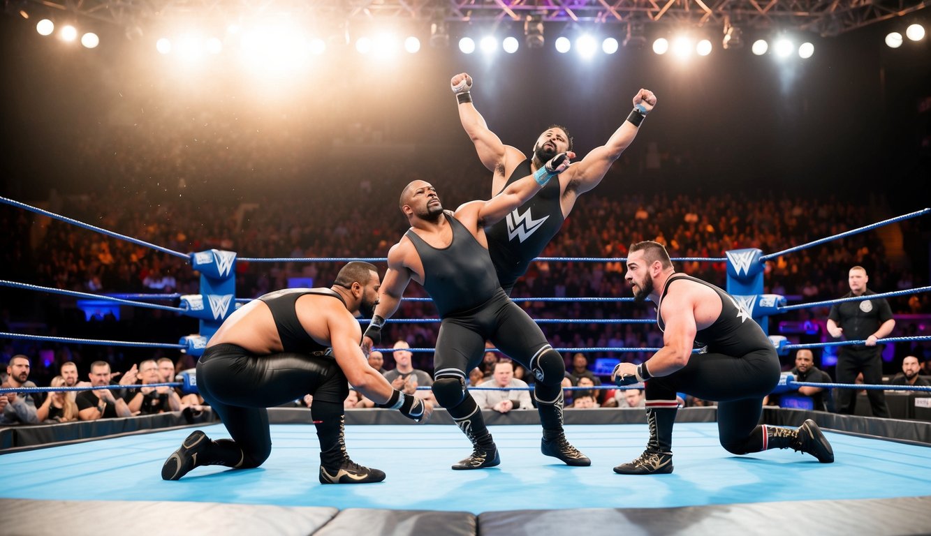 The ring is filled with intense action as wrestlers perform high-flying moves and powerful slams, electrifying the crowd with their athleticism and showmanship