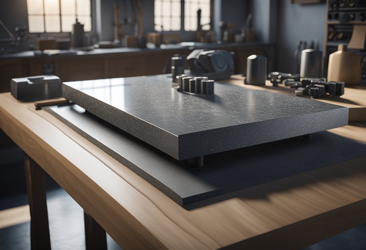 A granite surface plate sits on a workbench, surrounded by precision measuring tools and equipment. The surface is smooth and reflective, with subtle patterns and variations in the stone