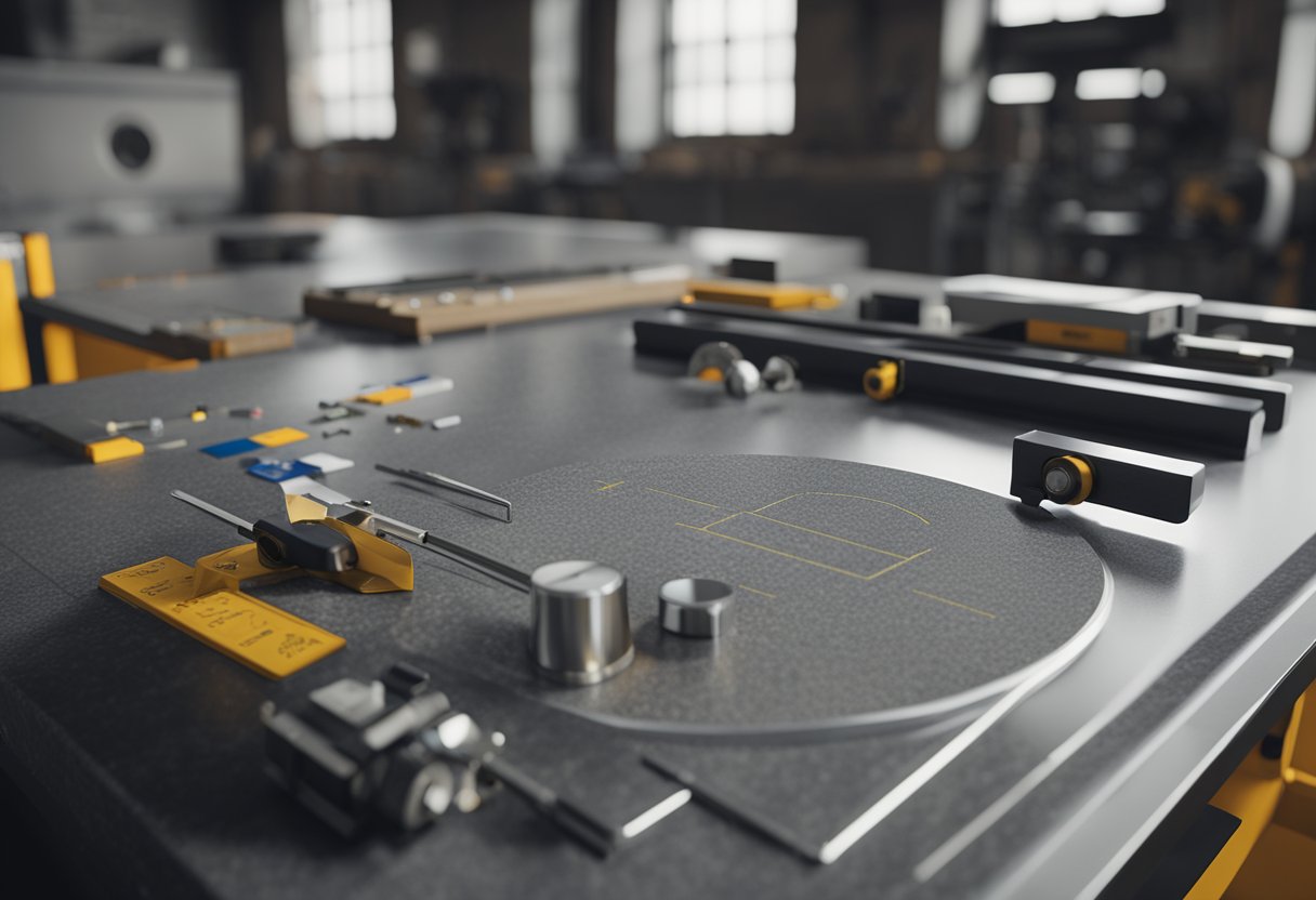 A granite surface plate with a precision level indicator and calibration stickers, surrounded by measuring instruments and tools