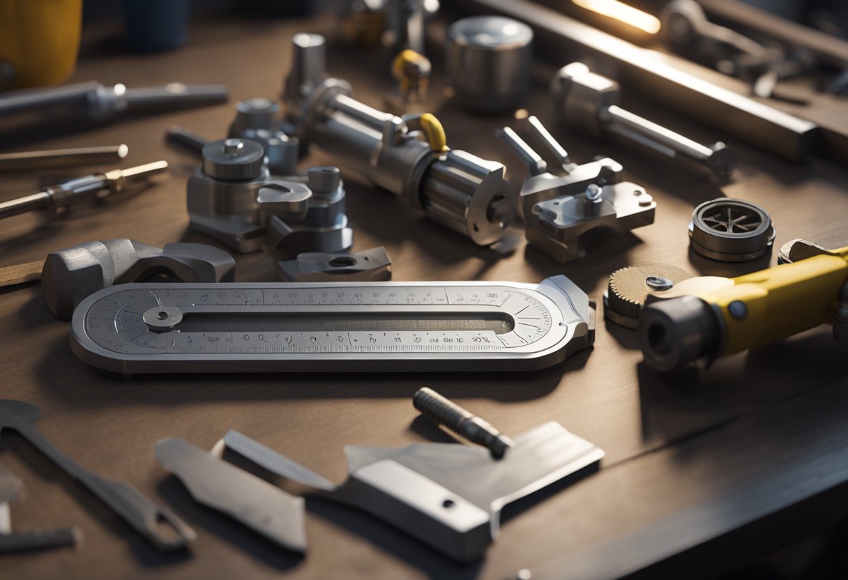 A feeler gauge rests on a workbench, surrounded by various tools and machinery. The gauge's metal blades glint in the light, with precise measurements etched into each one