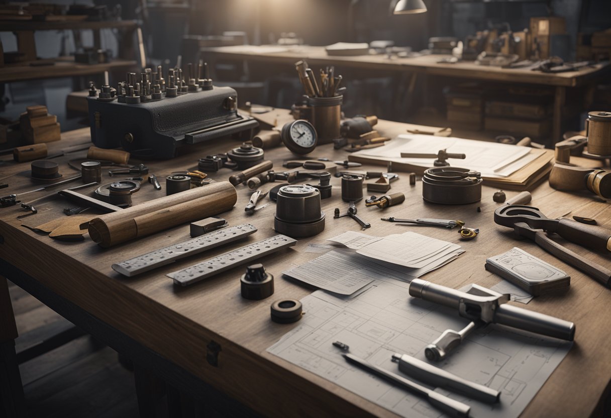 A workbench with various tools and automotive parts scattered around. A feeler gauge is prominently displayed, surrounded by historical documents and diagrams